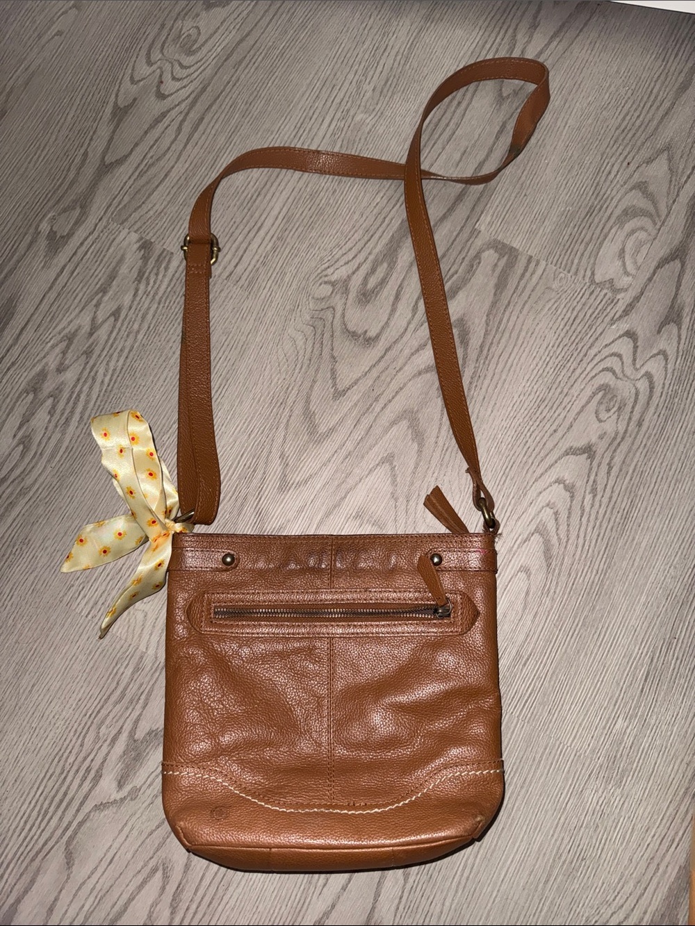 Born Tan Pebbled Leather Crossbody Bag with Scarf Accent